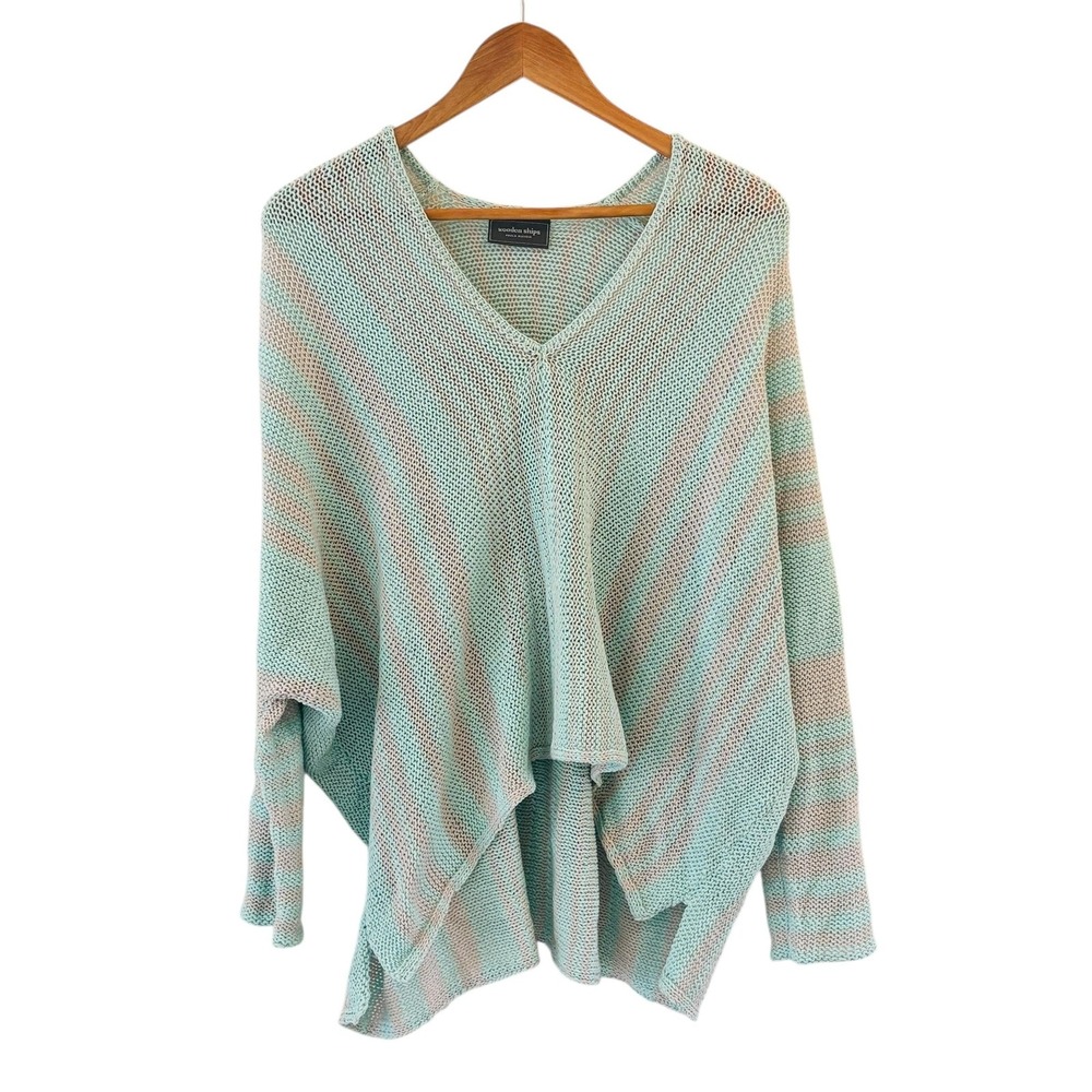 Wooden Ships Striped V‎ Neck Poncho Boho Sweater Womens M/L Green Dolman Beach